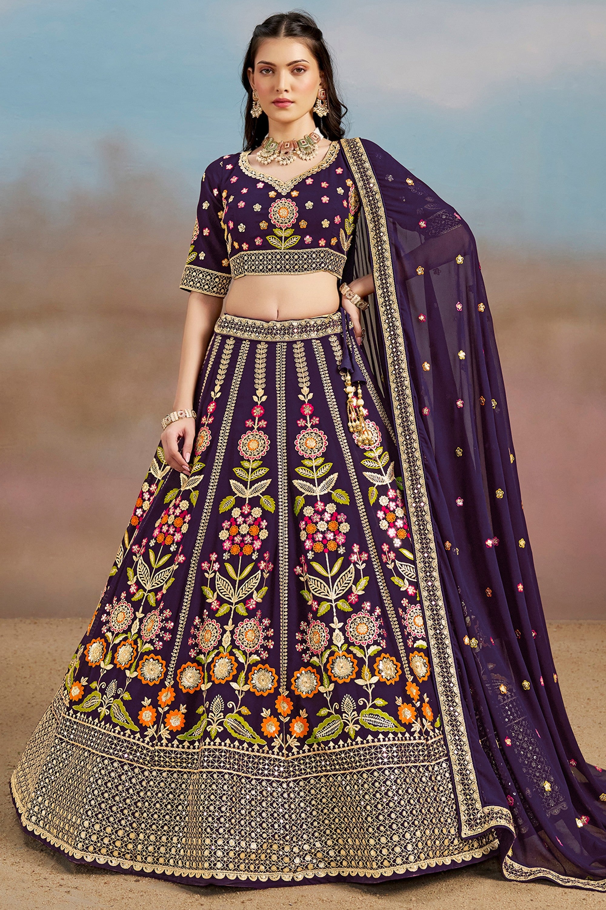 Purple Georgette Lehenga Choli For Indian & Pakistani Wedding Festival - Zari Work, Resham Embroidery Work, Sequence Embroidery Work, Dori Work