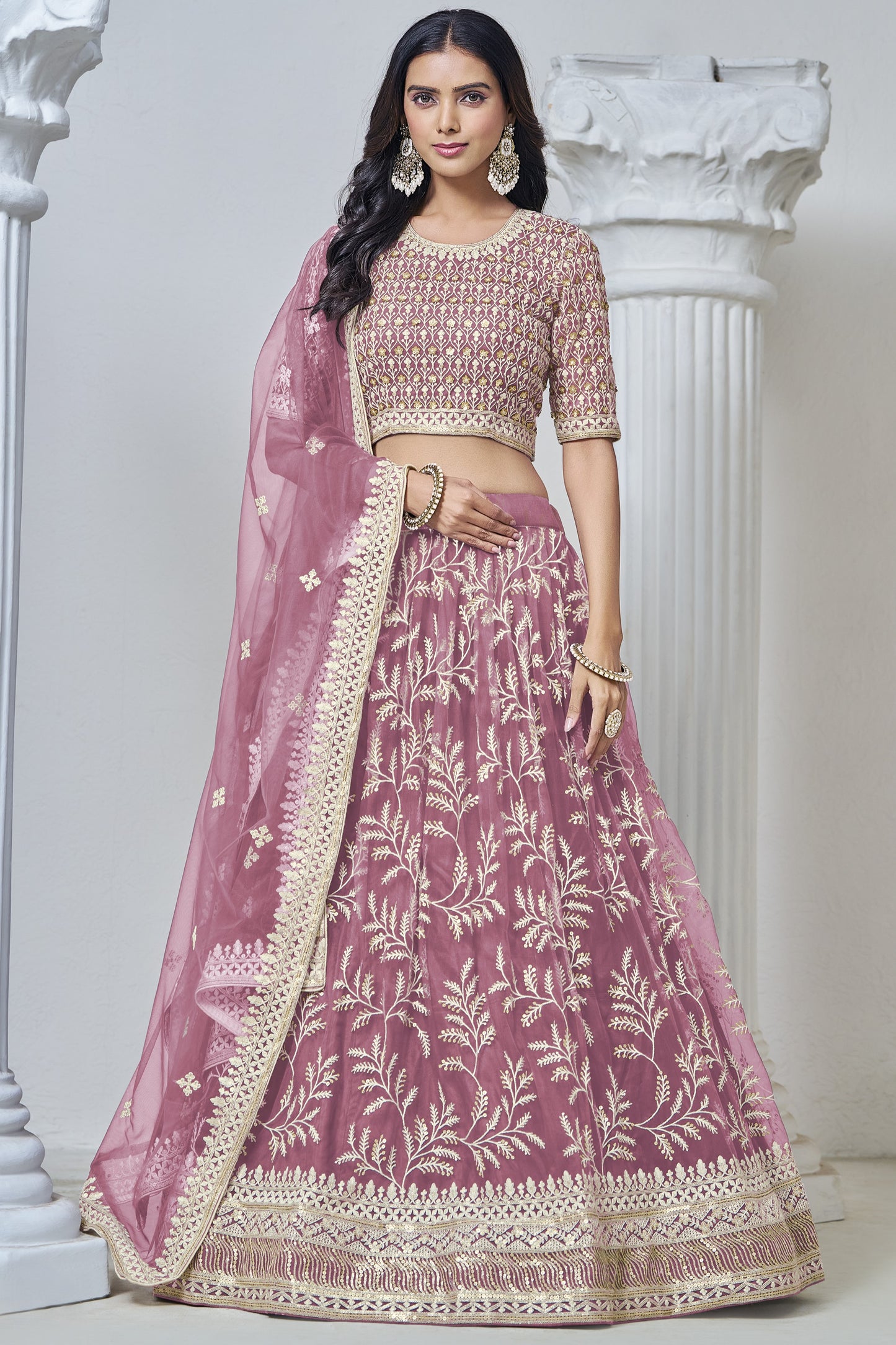 Dusty Pink Net Lehenga Choli For Indian Festival & Weddings - Sequence Embroidery Work, Thread Embroidery Work