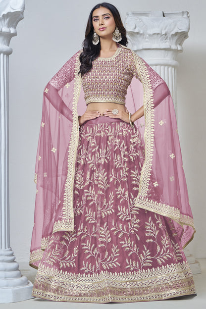 Dusty Pink Net Lehenga Choli For Indian Festival & Weddings - Sequence Embroidery Work, Thread Embroidery Work