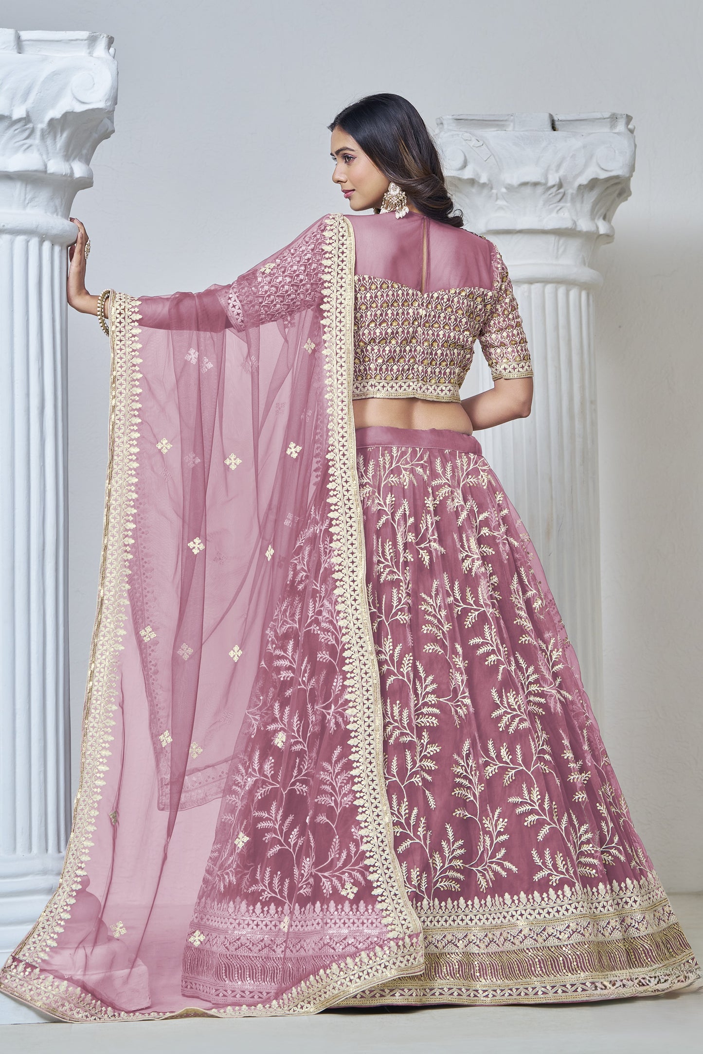 Dusty Pink Net Lehenga Choli For Indian Festival & Weddings - Sequence Embroidery Work, Thread Embroidery Work