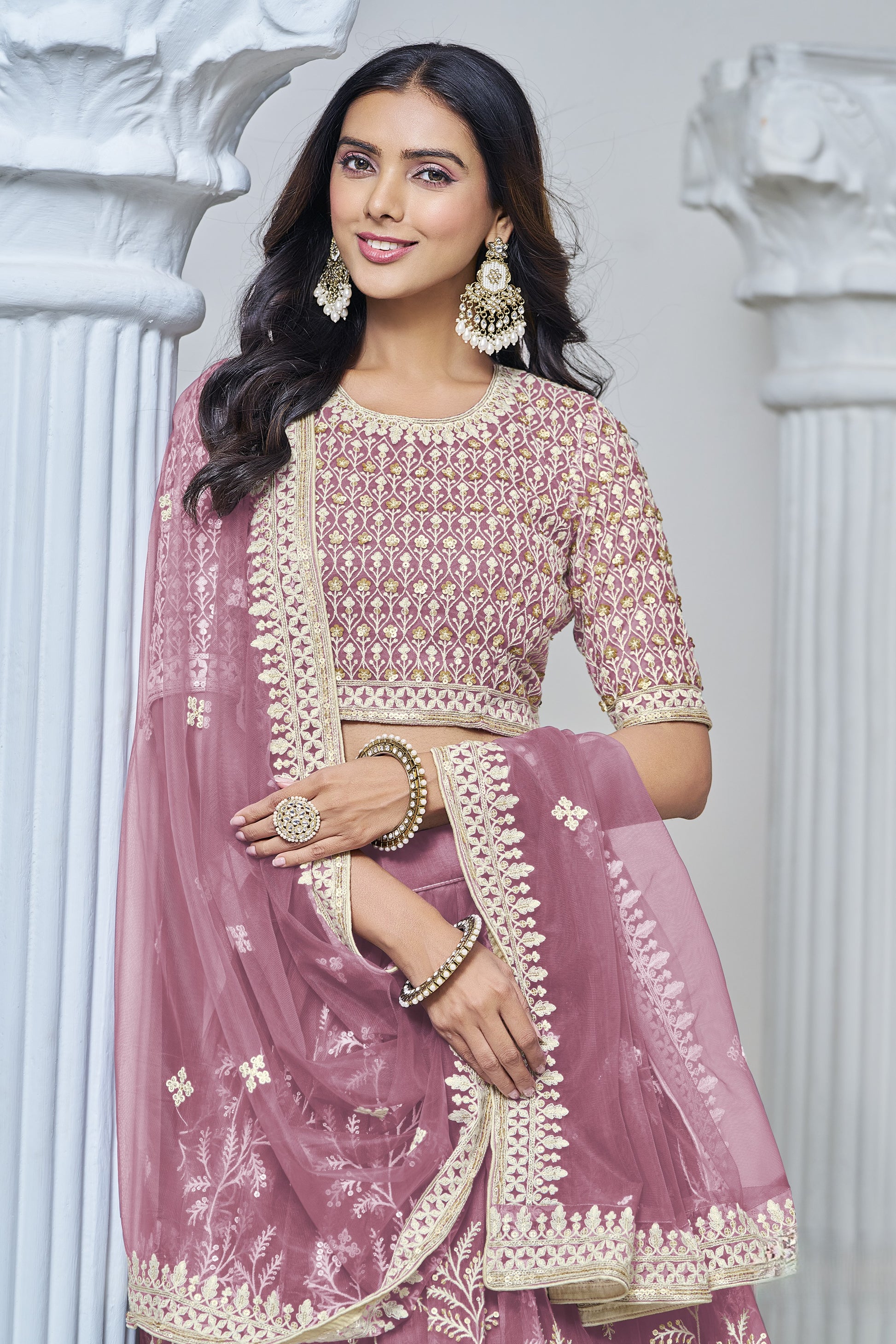 Dusty Pink Net Lehenga Choli For Indian Festival & Weddings - Sequence Embroidery Work, Thread Embroidery Work