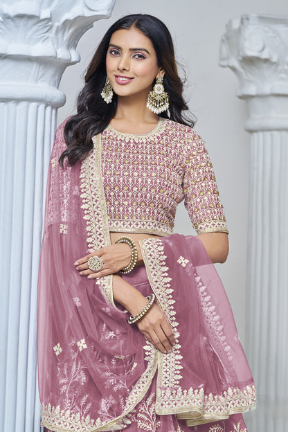 Dusty Pink Net Lehenga Choli For Indian Festival & Weddings - Sequence Embroidery Work, Thread Embroidery Work