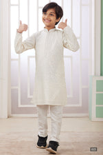 Cream Art Silk 2 Piece Kids Wear Boys Suit Long Kurta Pajama for Kids for Festivals & Wedding - Embroidery Work