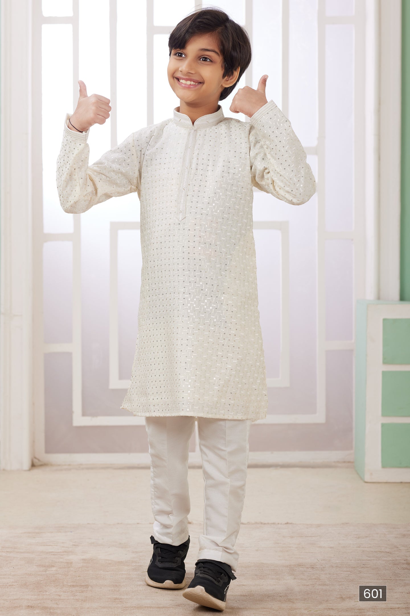 White Art Silk Father Son Matching Combo Indo Western Traditional Sherwani Long Kurta & Pajama Suit for Wedding - Embroidery Work