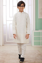 Cream Art Silk 2 Piece Kids Wear Boys Suit Long Kurta Pajama for Kids for Festivals & Wedding - Embroidery Work