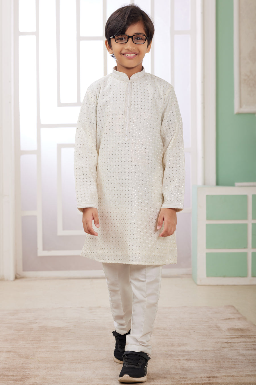 Cream Art Silk 2 Piece Kids Wear Boys Suit Long Kurta Pajama for Kids for Festivals & Wedding - Embroidery Work