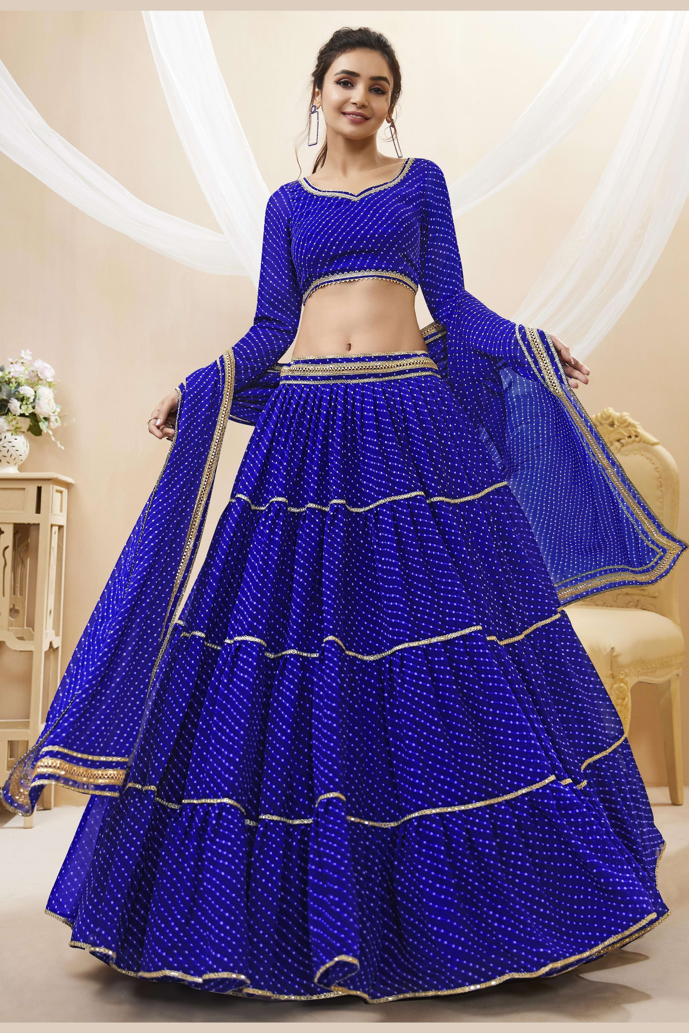 Blue Georgette Leriya Print Lehenga Choli For Indian & Pakistani Wedding Festival - Print Work