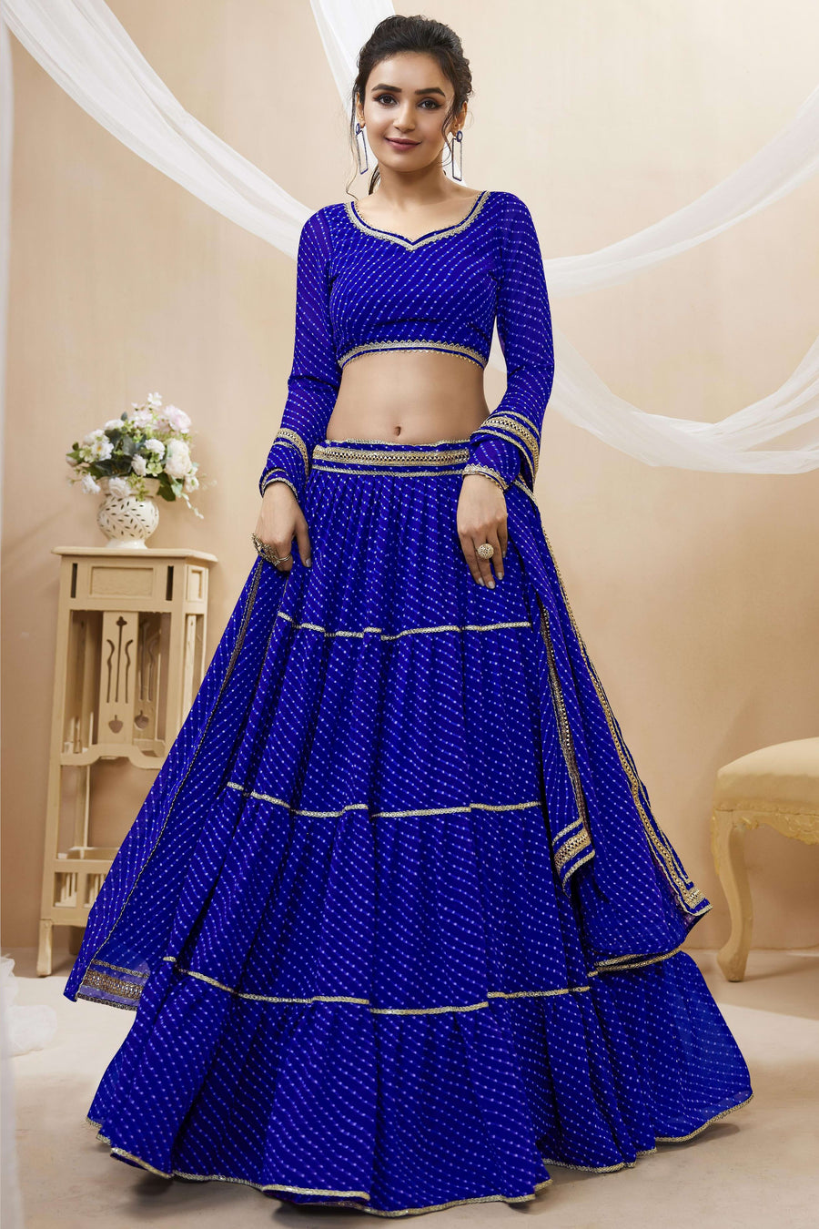 Blue Georgette Leriya Print Lehenga Choli For Indian & Pakistani Wedding Festival - Print Work
