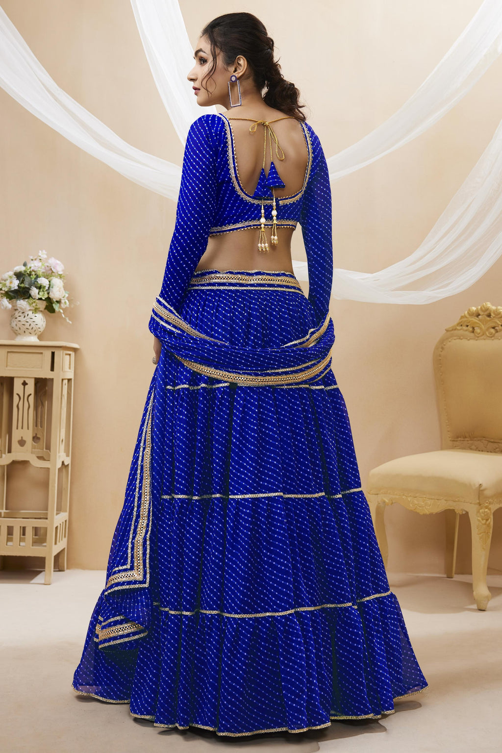Blue Georgette Leriya Print Lehenga Choli For Indian & Pakistani Wedding Festival - Print Work