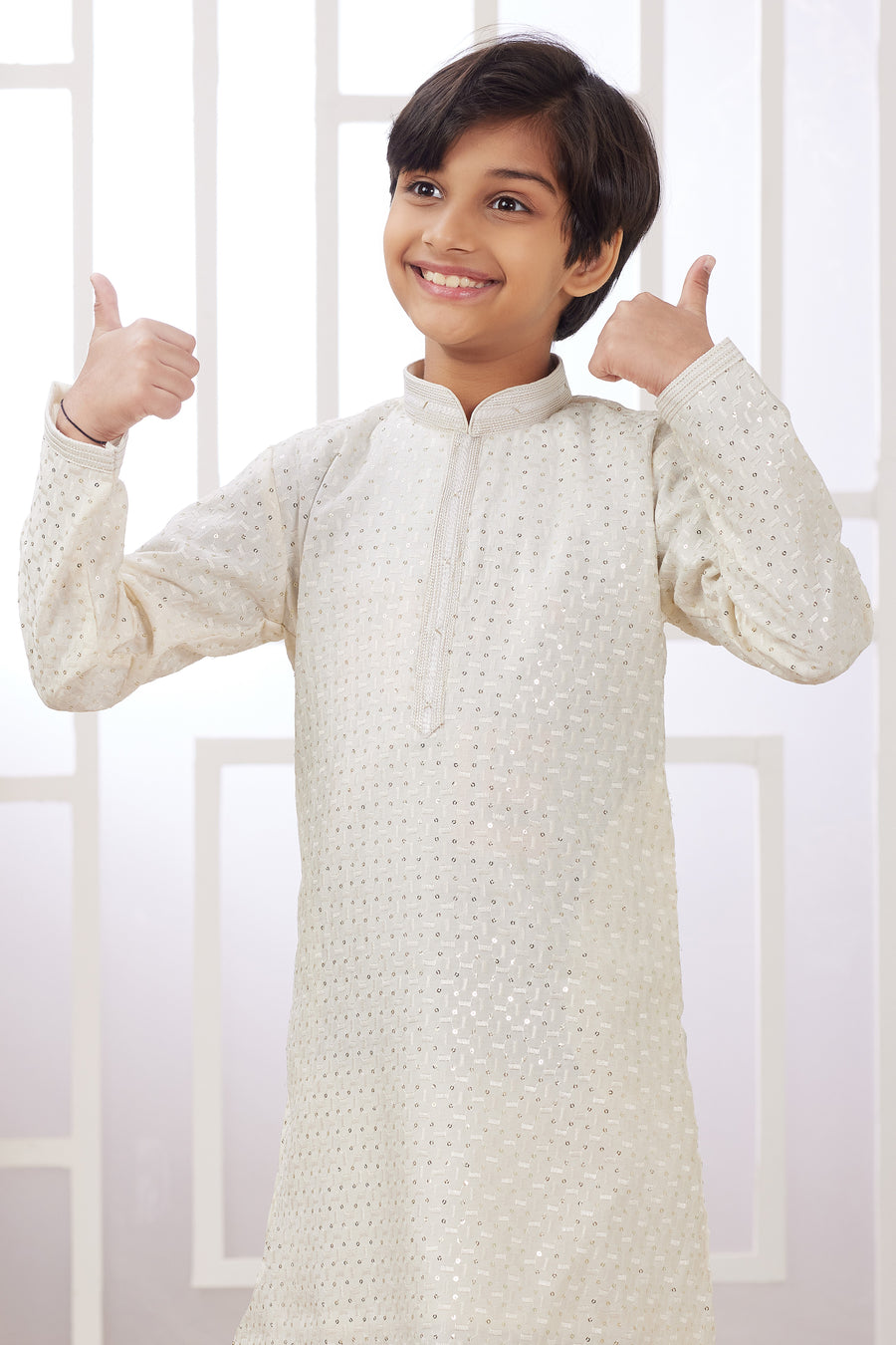 Cream Art Silk 2 Piece Kids Wear Boys Suit Long Kurta Pajama for Kids for Festivals & Wedding - Embroidery Work