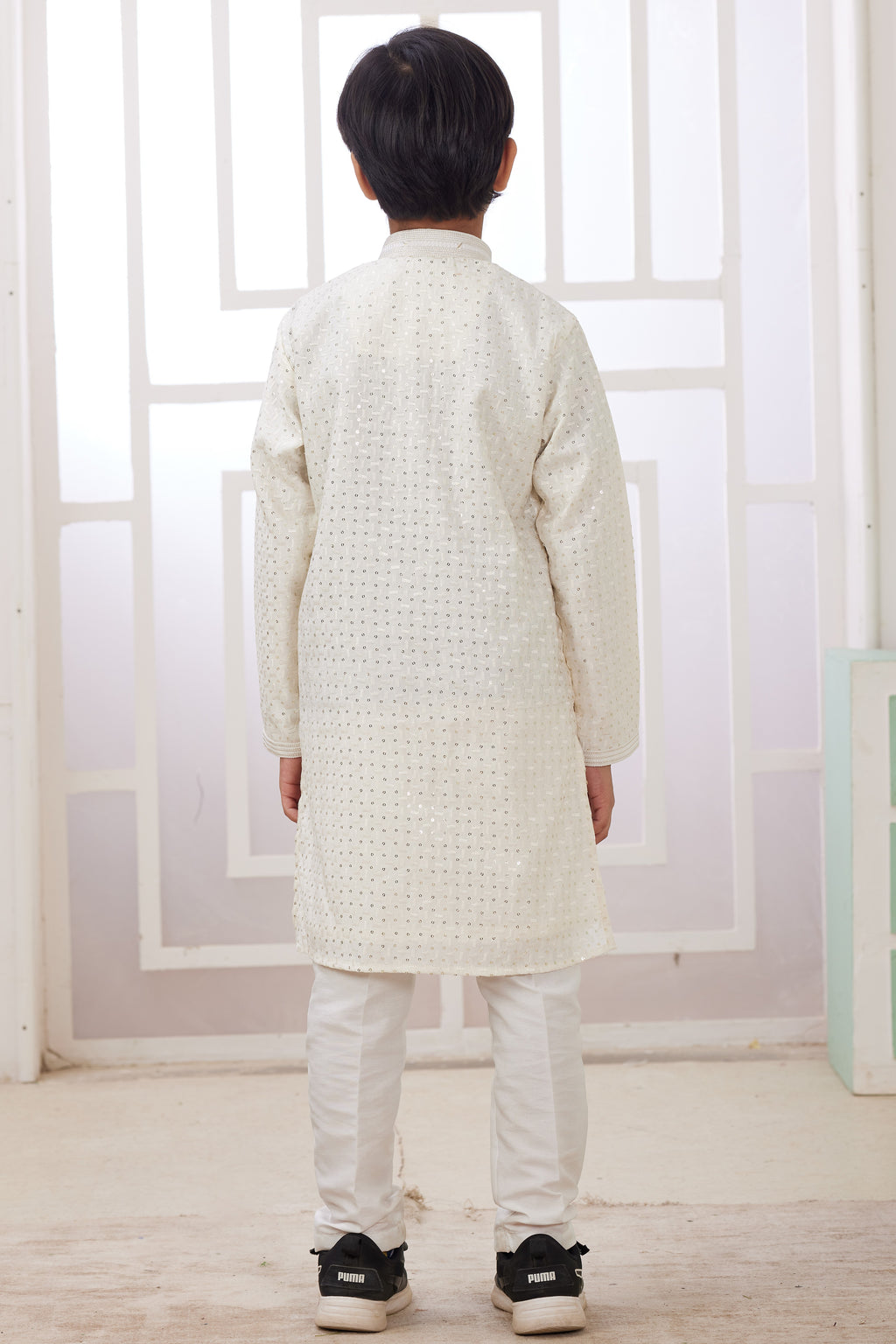 White Art Silk Father Son Matching Combo Indo Western Traditional Sherwani Long Kurta & Pajama Suit for Wedding - Embroidery Work