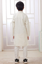 White Art Silk Father Son Matching Combo Indo Western Traditional Sherwani Long Kurta & Pajama Suit for Wedding - Embroidery Work