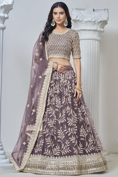 Dark Grey Net Lehenga Choli For Indian Festival & Weddings - Sequence Embroidery Work, Thread Embroidery Work