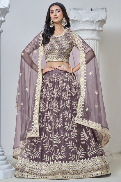 Dark Grey Net Lehenga Choli For Indian Festival & Weddings - Sequence Embroidery Work, Thread Embroidery Work