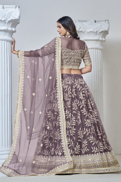 Dark Grey Net Lehenga Choli For Indian Festival & Weddings - Sequence Embroidery Work, Thread Embroidery Work