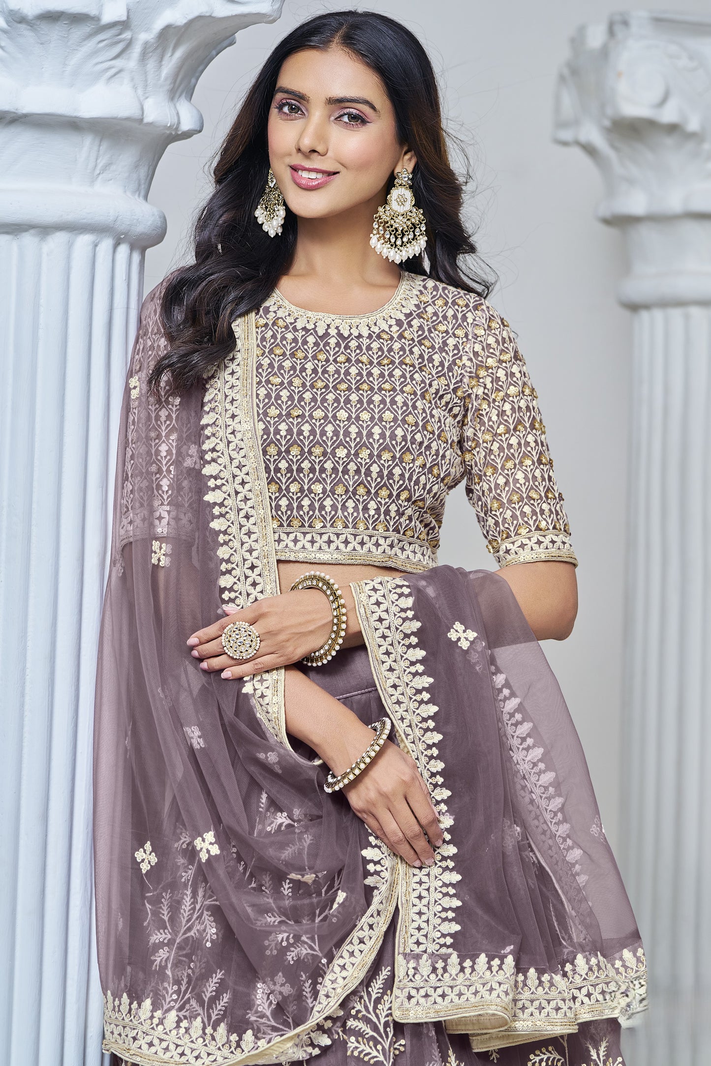 Dark Grey Net Lehenga Choli For Indian Festival & Weddings - Sequence Embroidery Work, Thread Embroidery Work