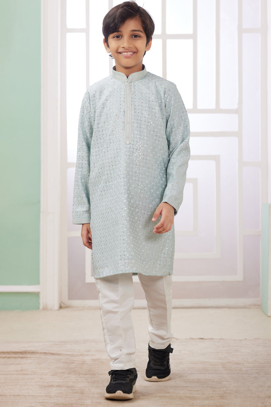 Sky Blue Art Silk Father Son Matching Combo Indo Western Traditional Sherwani Long Kurta & Pajama Suit for Wedding - Embroidery Work