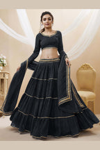 Black Georgette Leriya Print Lehenga Choli For Indian & Pakistani Wedding Festival - Print Work