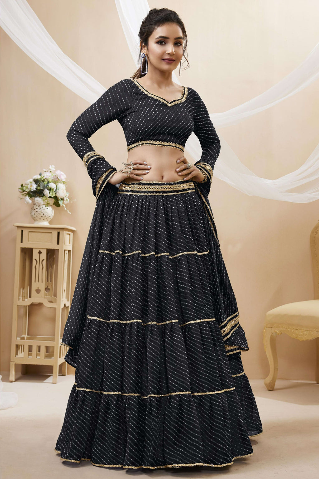 Black Georgette Leriya Print Lehenga Choli For Indian & Pakistani Wedding Festival - Print Work
