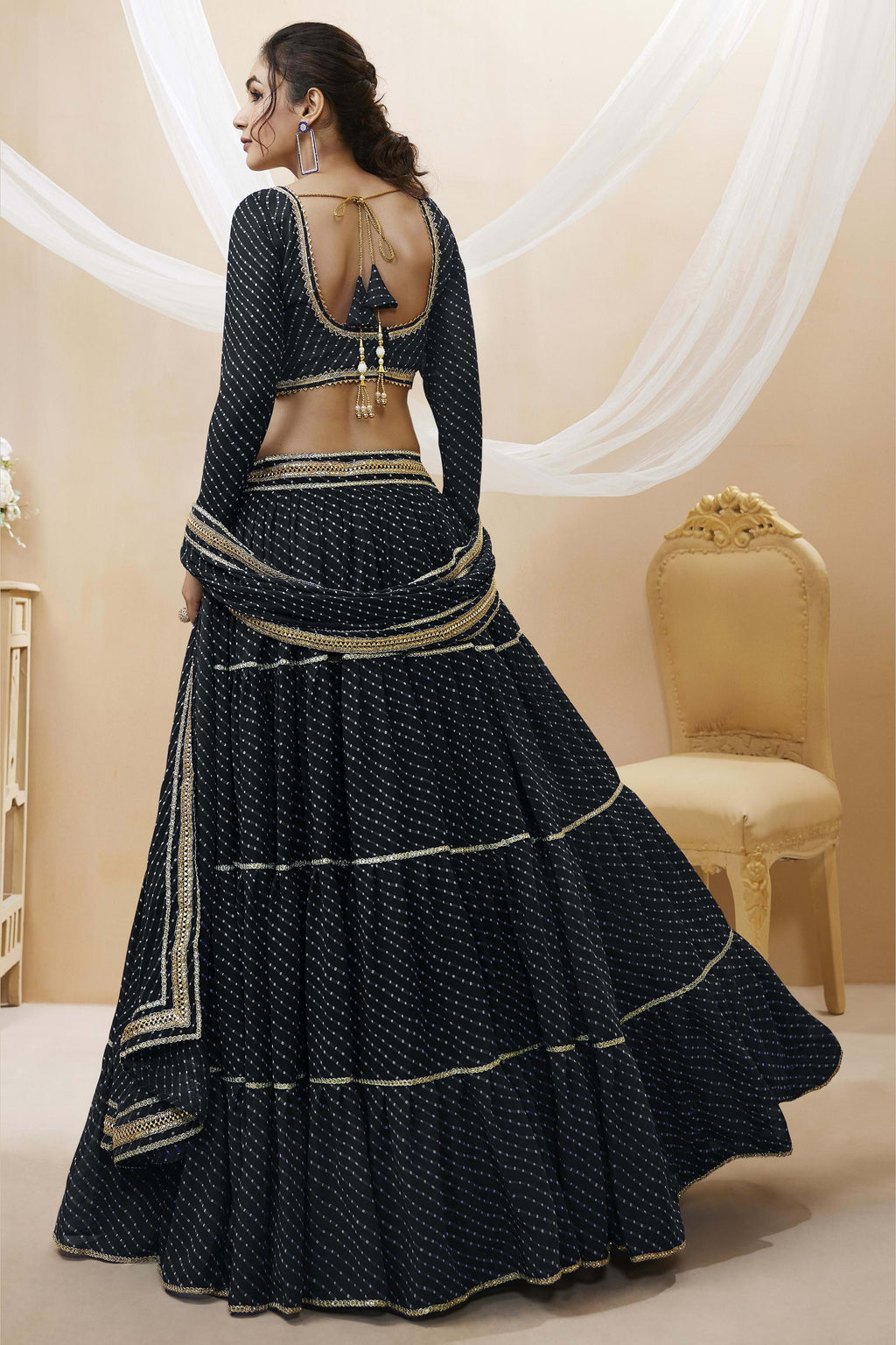 Black Georgette Leriya Print Lehenga Choli For Indian & Pakistani Wedding Festival - Print Work
