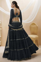 Black Georgette Leriya Print Lehenga Choli For Indian & Pakistani Wedding Festival - Print Work