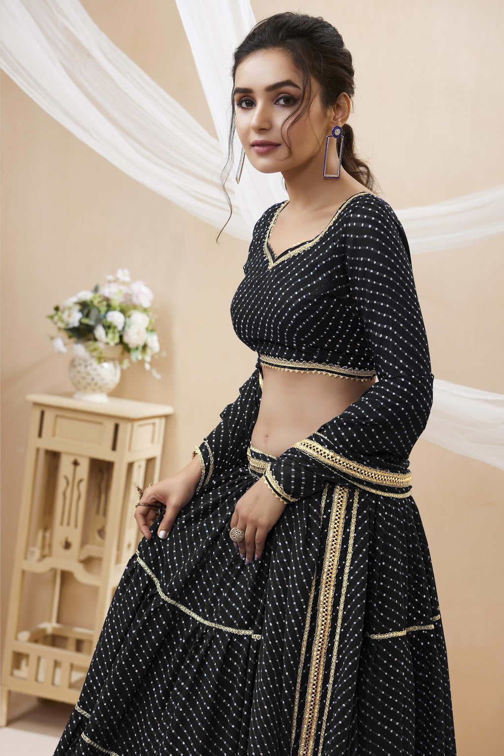 Black Georgette Leriya Print Lehenga Choli For Indian & Pakistani Wedding Festival - Print Work