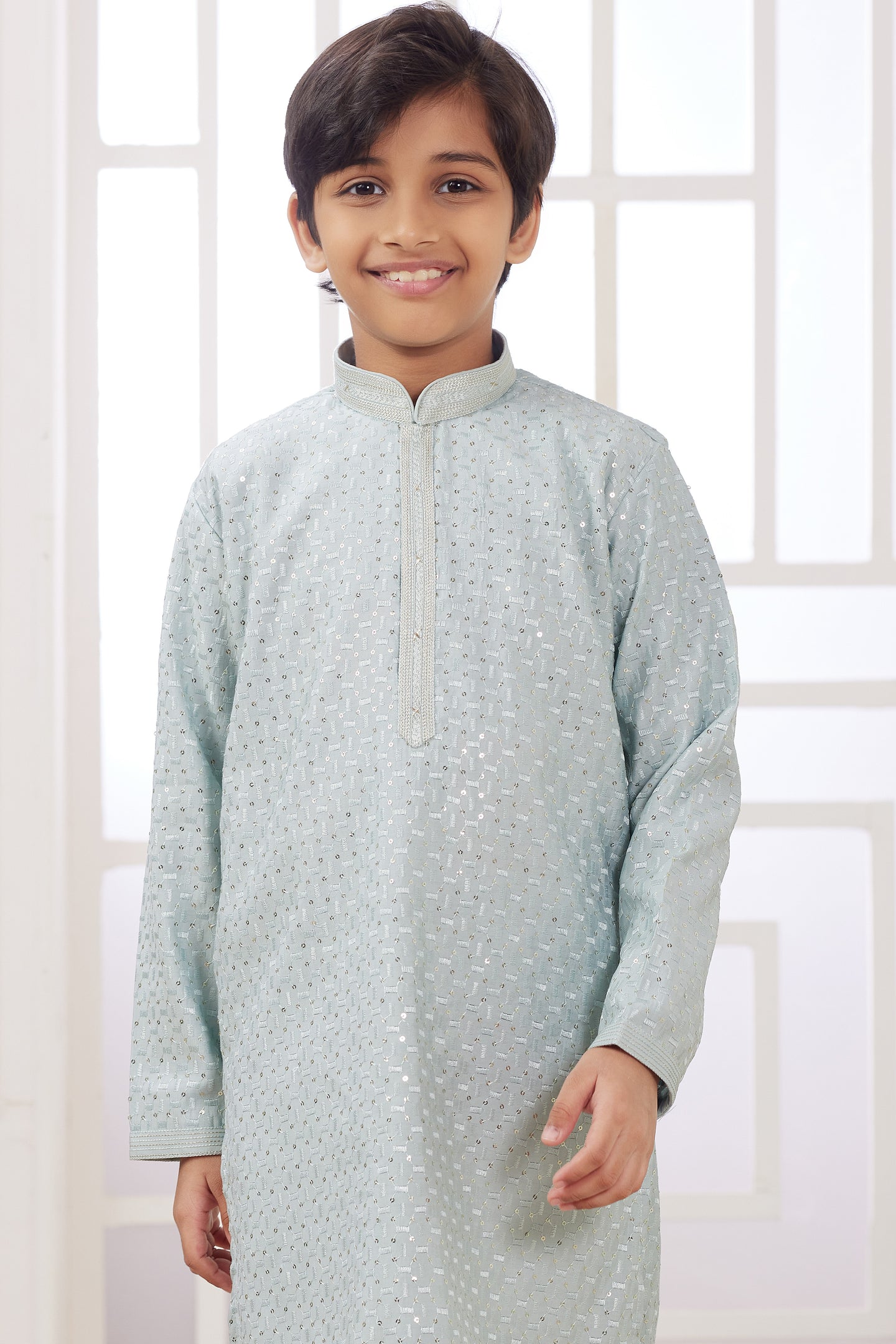 Sky Blue Art Silk Father Son Matching Combo Indo Western Traditional Sherwani Long Kurta & Pajama Suit for Wedding - Embroidery Work