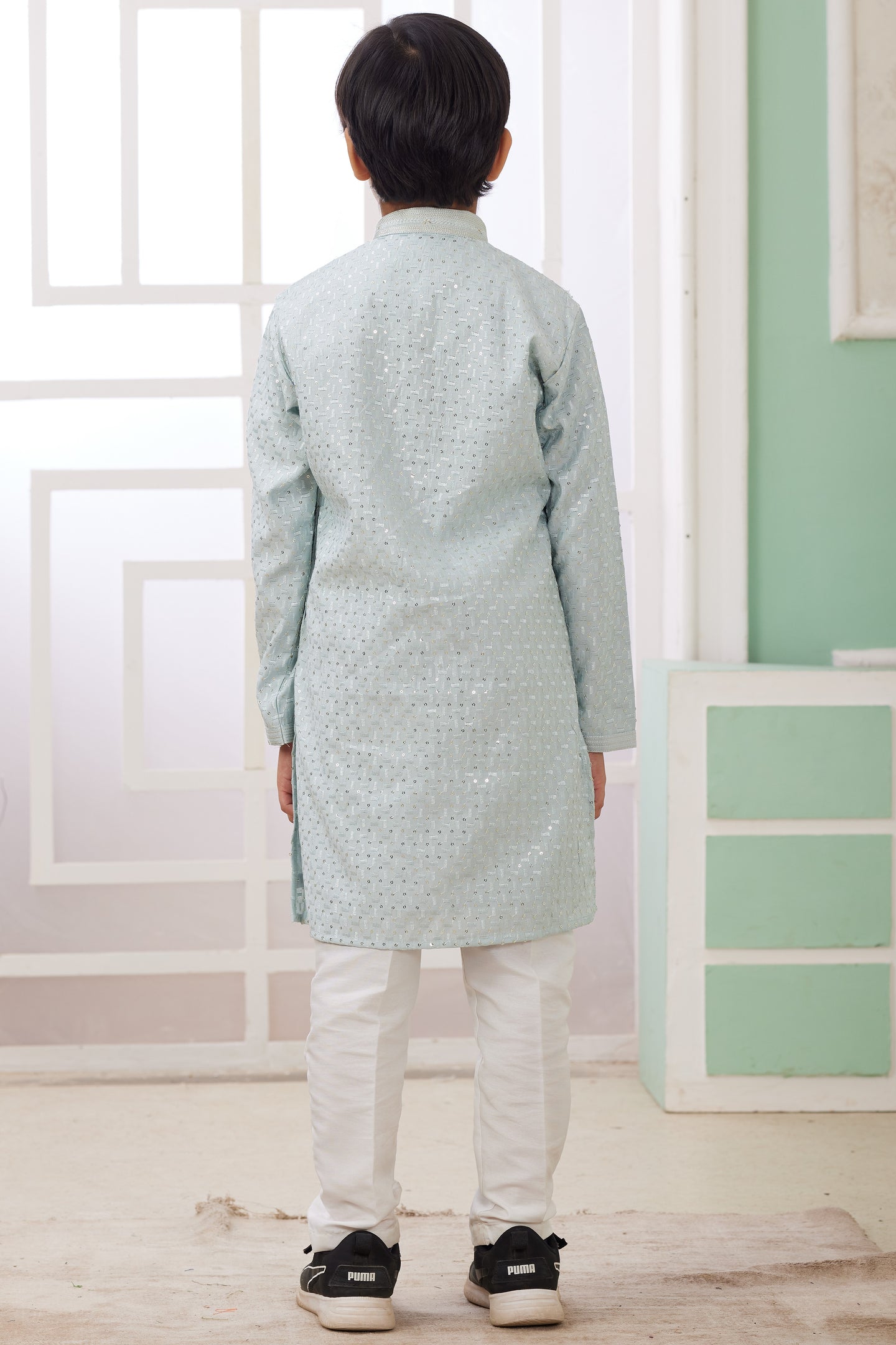 Sky Blue Art Silk Father Son Matching Combo Indo Western Traditional Sherwani Long Kurta & Pajama Suit for Wedding - Embroidery Work