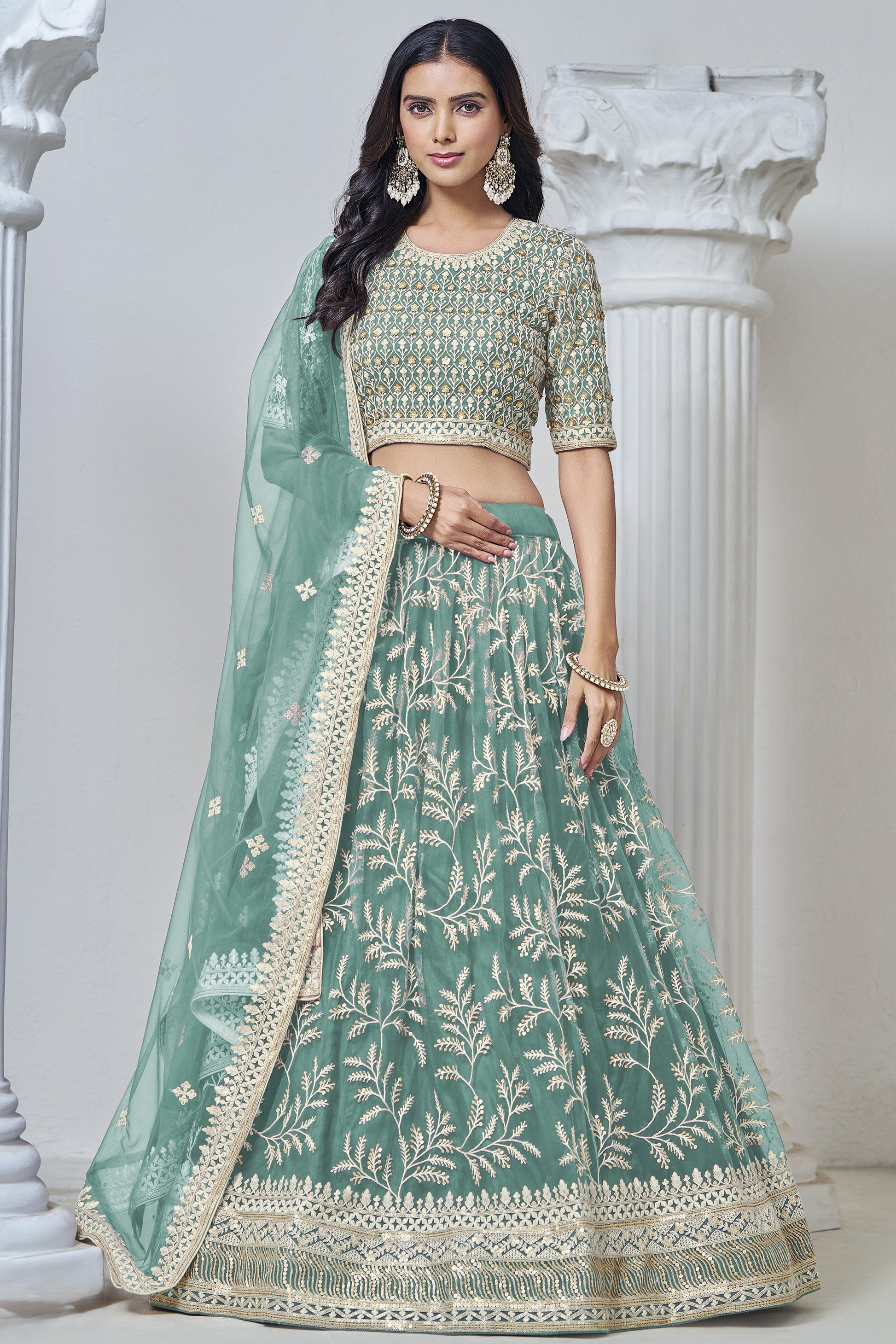 Light Pista Net Lehenga Choli For Indian Festival & Weddings - Sequence Embroidery Work, Thread Embroidery Work