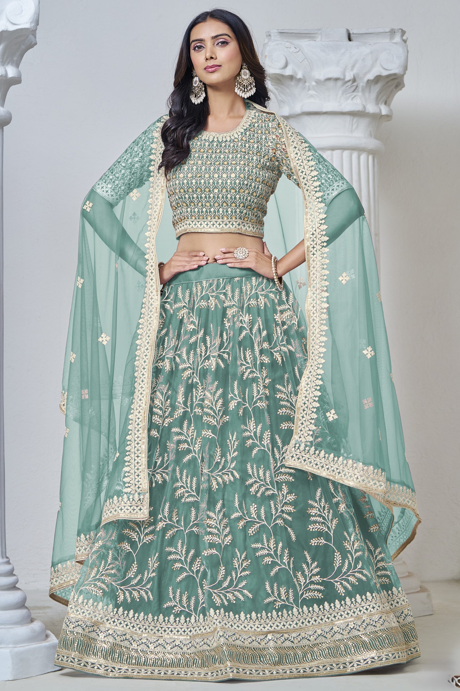 Light Pista Net Lehenga Choli For Indian Festival & Weddings - Sequence Embroidery Work, Thread Embroidery Work