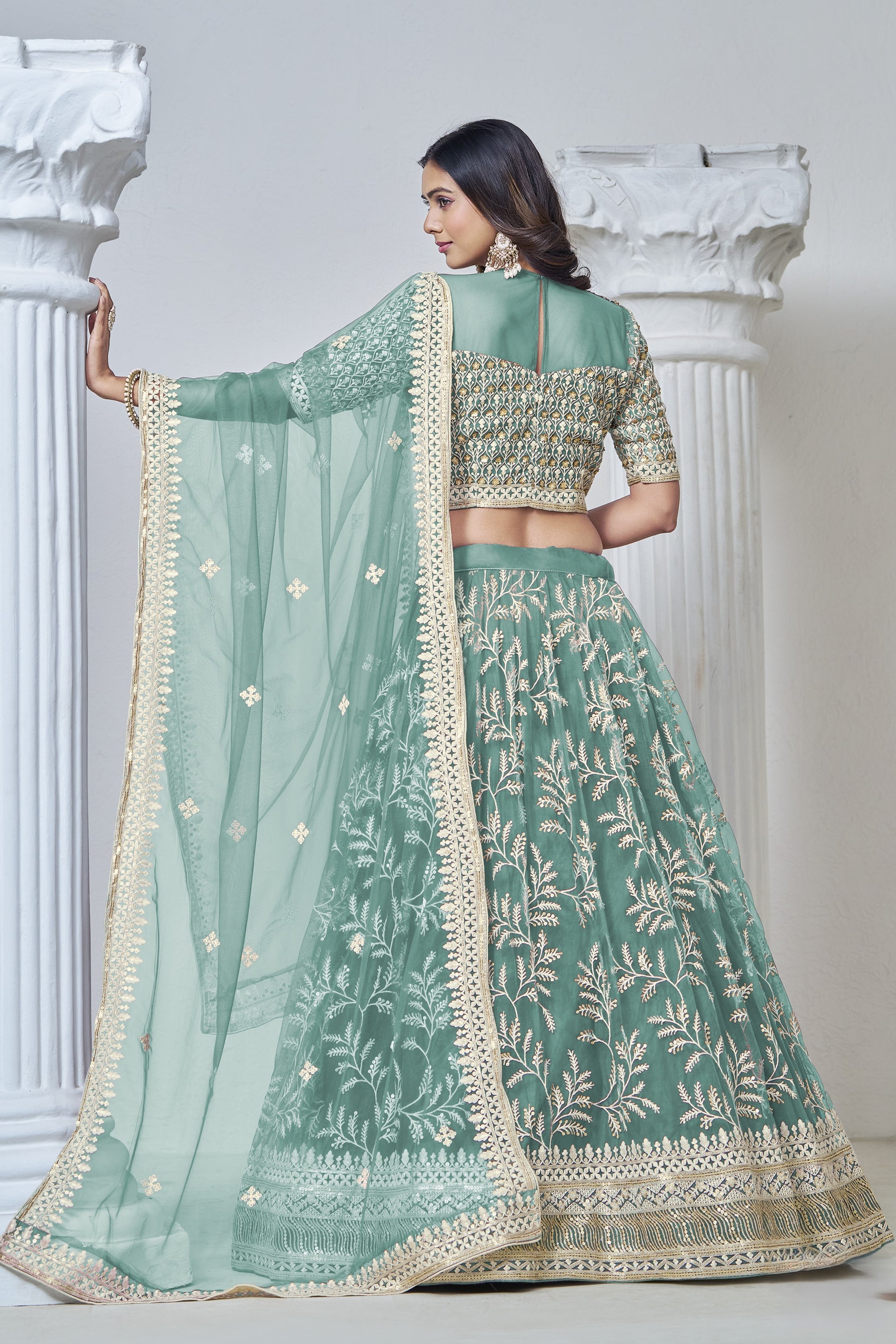 Light Pista Net Lehenga Choli For Indian Festival & Weddings - Sequence Embroidery Work, Thread Embroidery Work