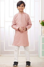 Rose Gold Art Silk 2 Piece Kids Wear Boys Suit Long Kurta Pajama for Kids for Festivals & Wedding - Embroidery Work