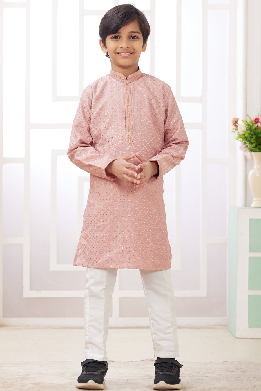 Rose Gold Art Silk 2 Piece Kids Wear Boys Suit Long Kurta Pajama for Kids for Festivals & Wedding - Embroidery Work