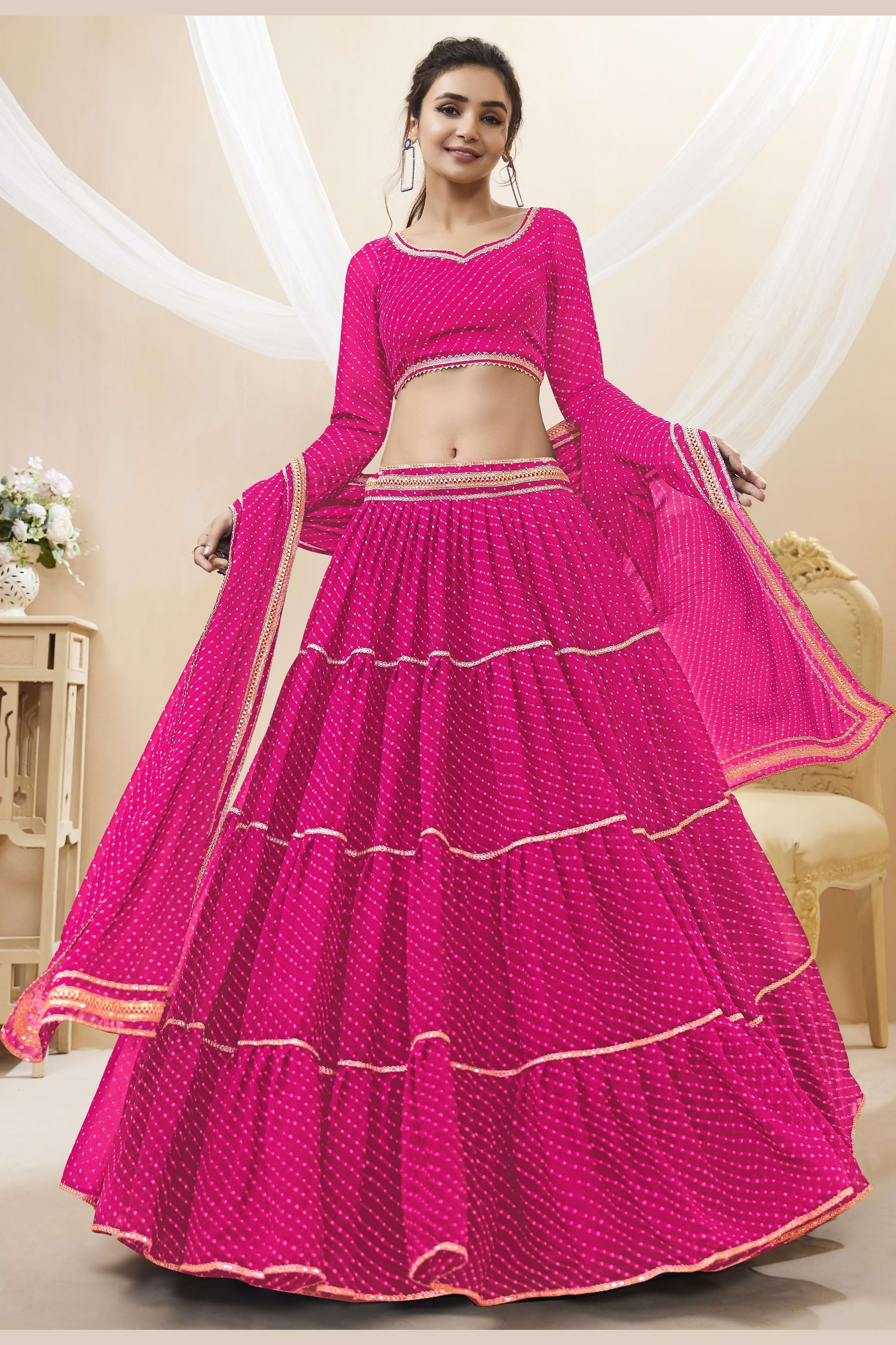 Pink Georgette Leriya Print Lehenga Choli For Indian & Pakistani Wedding Festival - Print Work