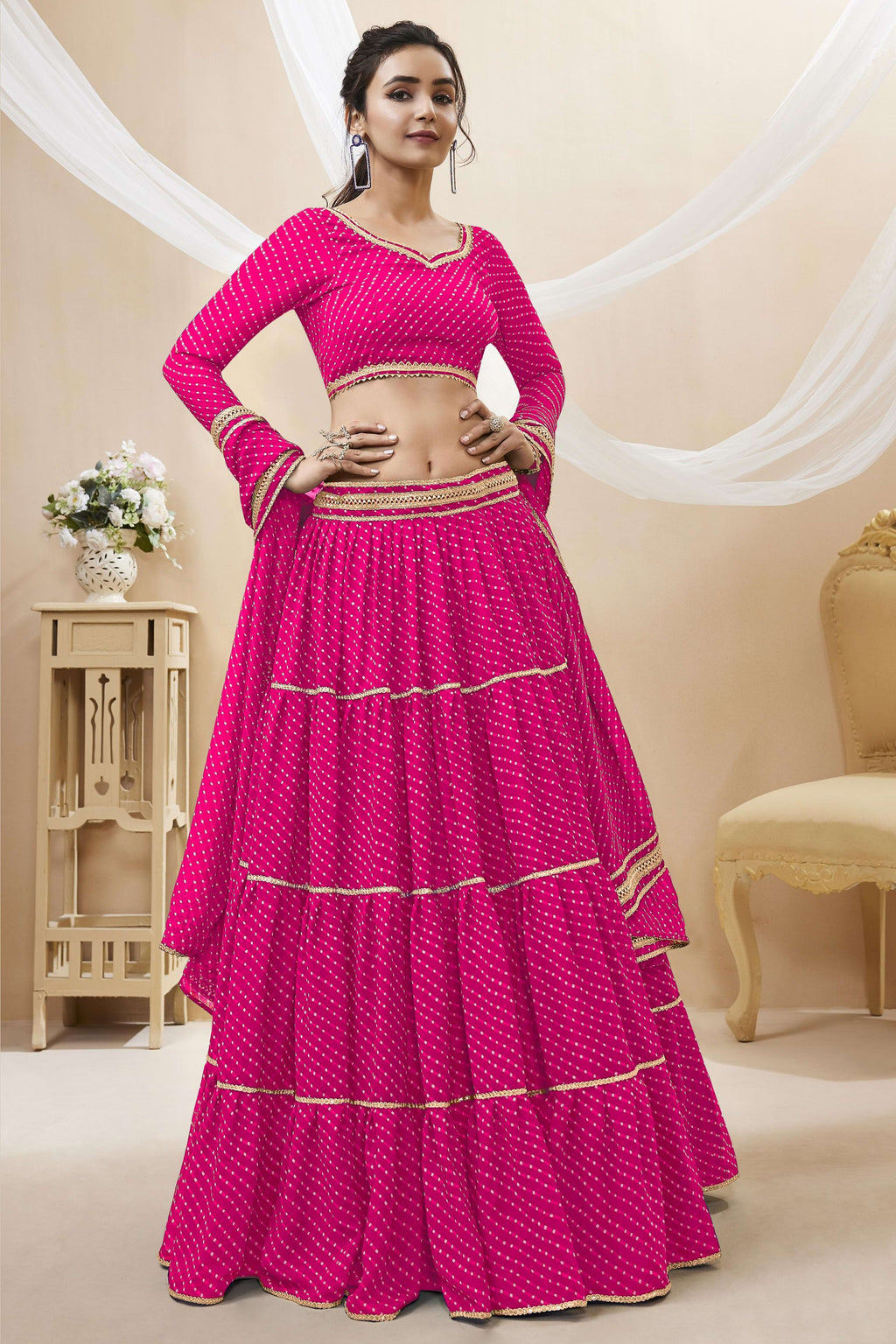 Pink Georgette Leriya Print Lehenga Choli For Indian & Pakistani Wedding Festival - Print Work
