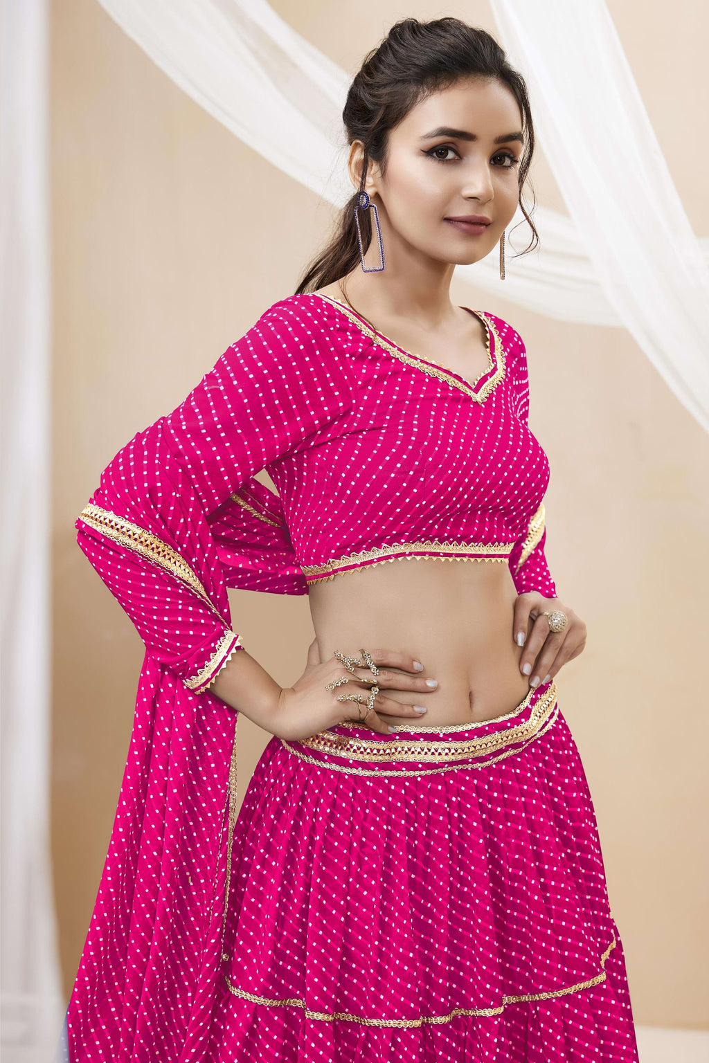 Pink Georgette Leriya Print Lehenga Choli For Indian & Pakistani Wedding Festival - Print Work