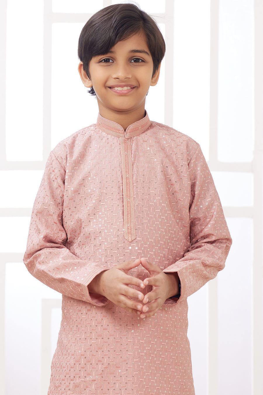 Rose Gold Art Silk Father Son Matching Combo Indo Western Traditional Sherwani Long Kurta & Pajama Suit for Wedding - Embroidery Work
