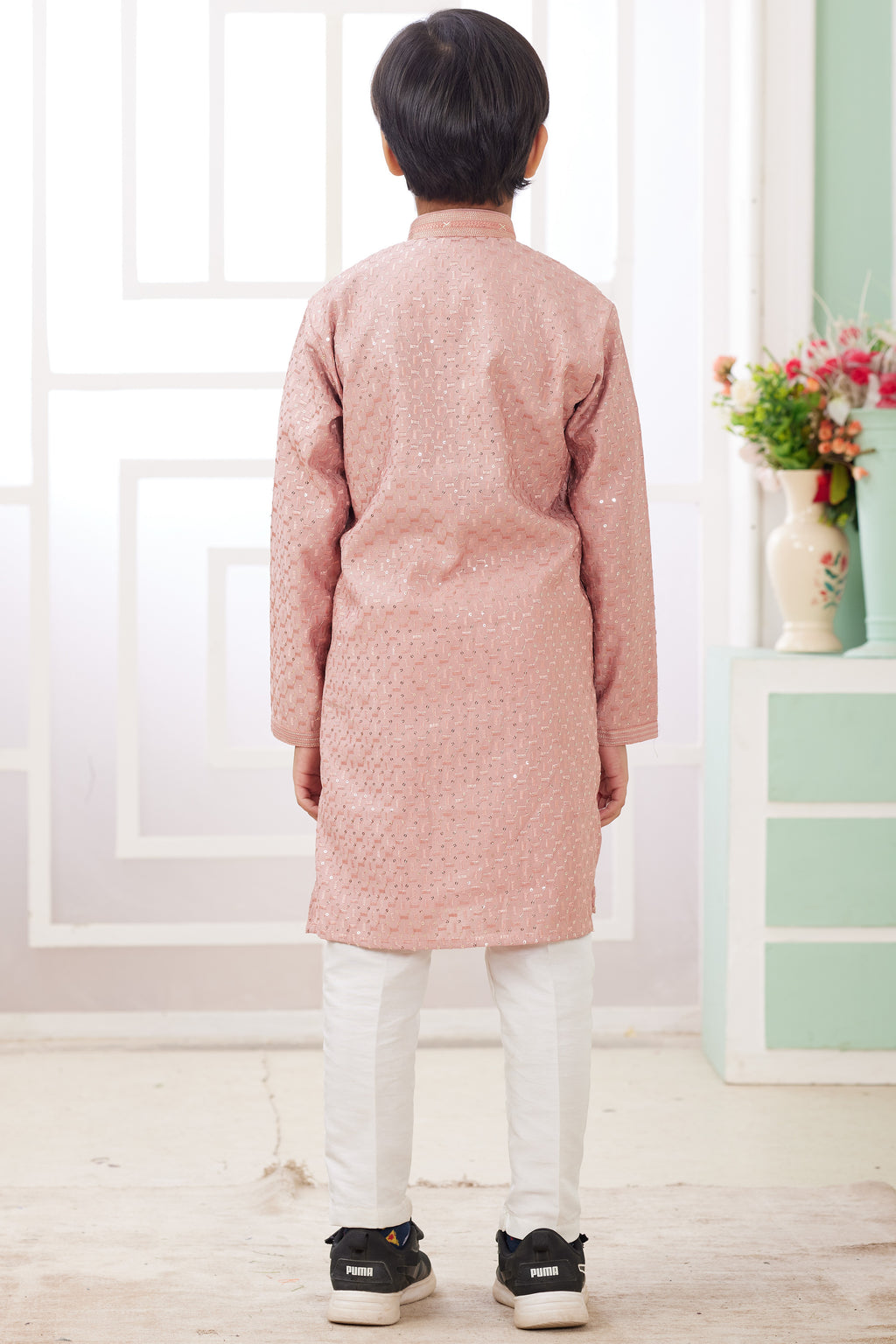 Rose Gold Art Silk 2 Piece Kids Wear Boys Suit Long Kurta Pajama for Kids for Festivals & Wedding - Embroidery Work