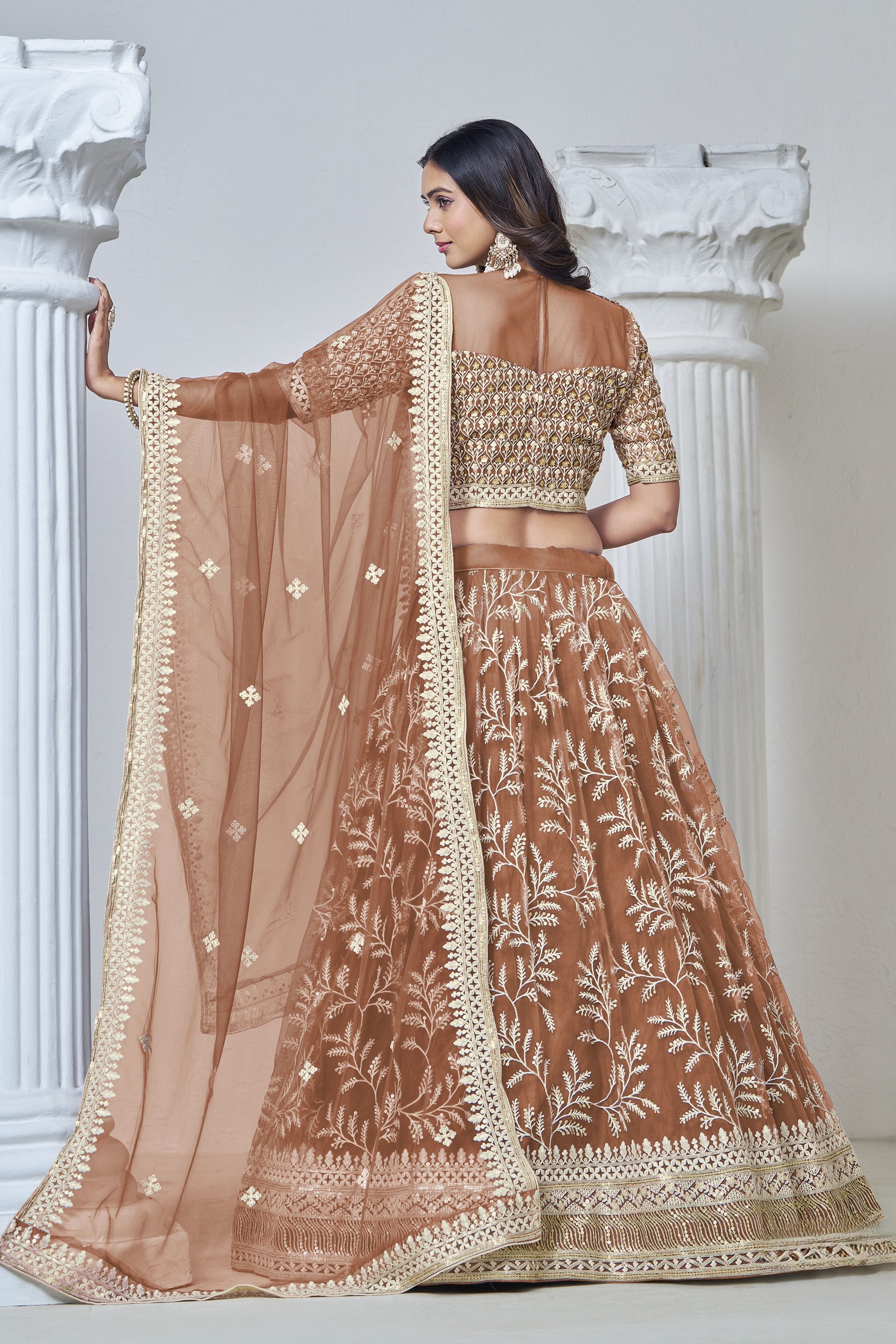 Light Brown Net Lehenga Choli For Indian Festival & Weddings - Sequence Embroidery Work, Thread Embroidery Work