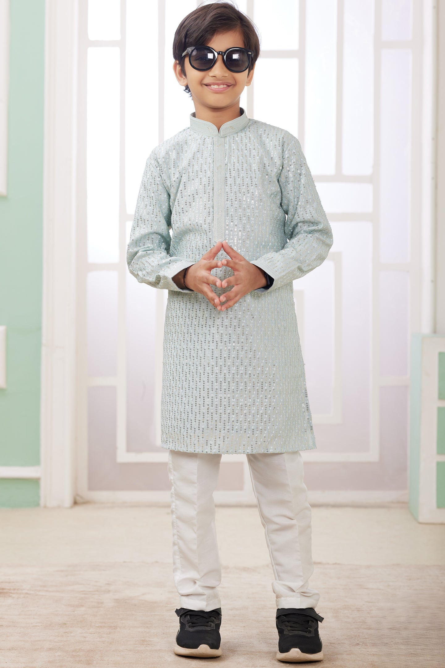 Sky Blue Art Silk Father Son Matching Combo Indo Western Traditional Sherwani Long Kurta & Pajama Suit for Wedding - Embroidery Work