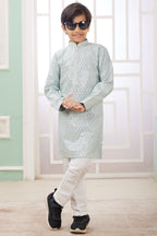 Pestal Green Art Silk 2 Piece Kids Wear Boys Suit Long Kurta Pajama for Kids for Festivals & Wedding - Embroidery Work