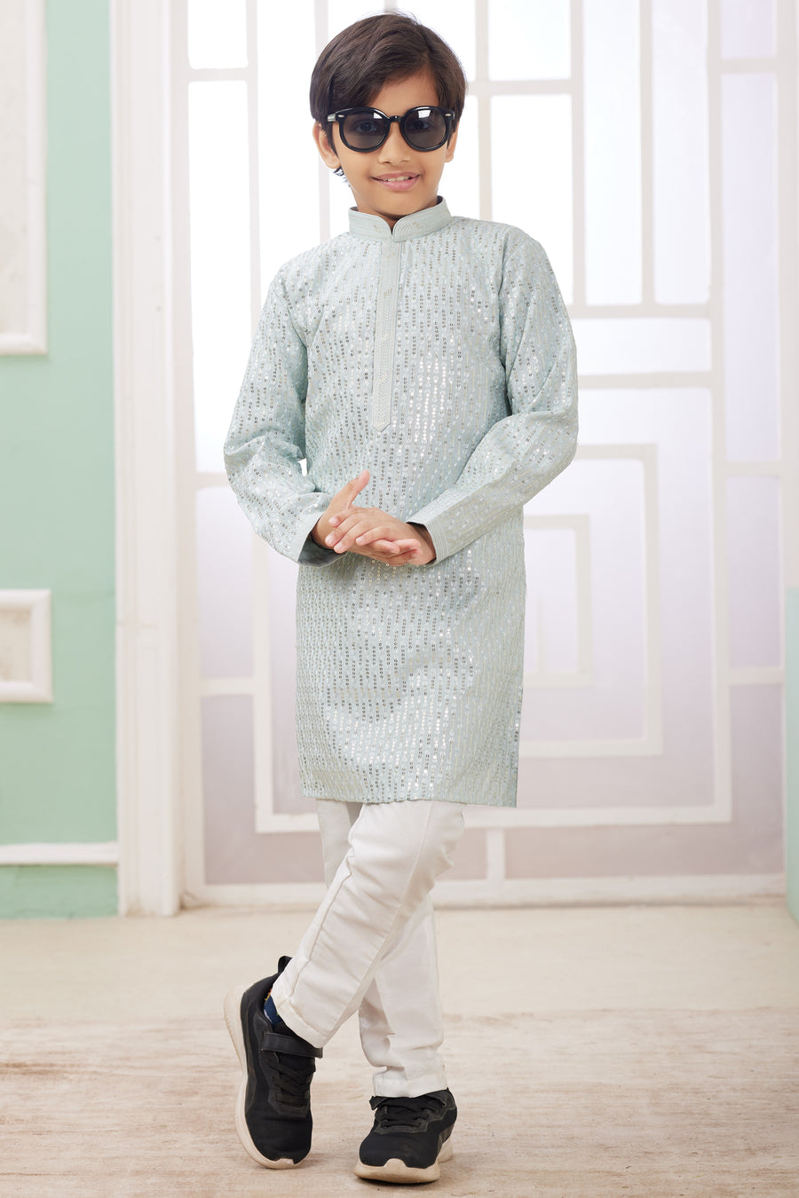 Pestal Green Art Silk 2 Piece Kids Wear Boys Suit Long Kurta Pajama for Kids for Festivals & Wedding - Embroidery Work