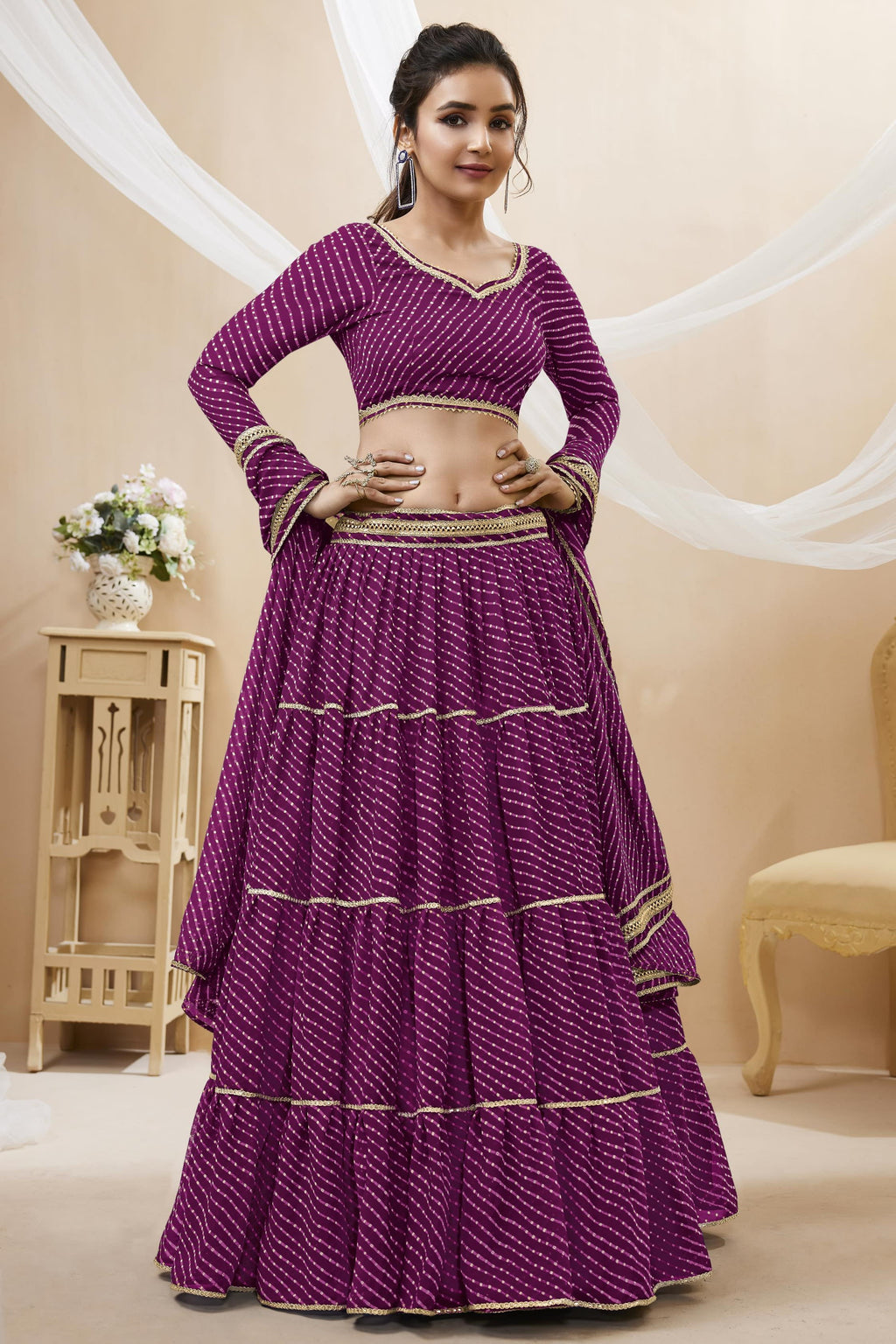 Purple Georgette Leriya Print Lehenga Choli For Indian & Pakistani Wedding Festival - Print Work