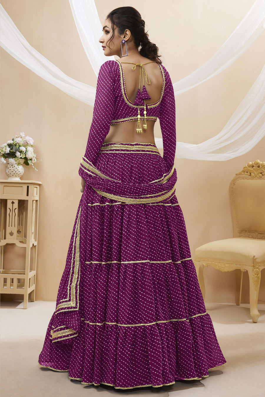 Purple Georgette Leriya Print Lehenga Choli For Indian & Pakistani Wedding Festival - Print Work