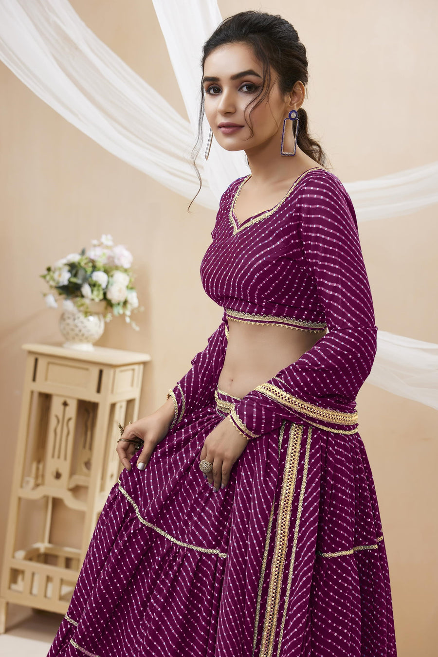 Purple Georgette Leriya Print Lehenga Choli For Indian & Pakistani Wedding Festival - Print Work