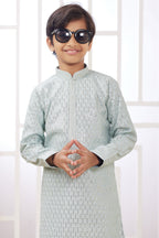 Pestal Green Art Silk 2 Piece Kids Wear Boys Suit Long Kurta Pajama for Kids for Festivals & Wedding - Embroidery Work