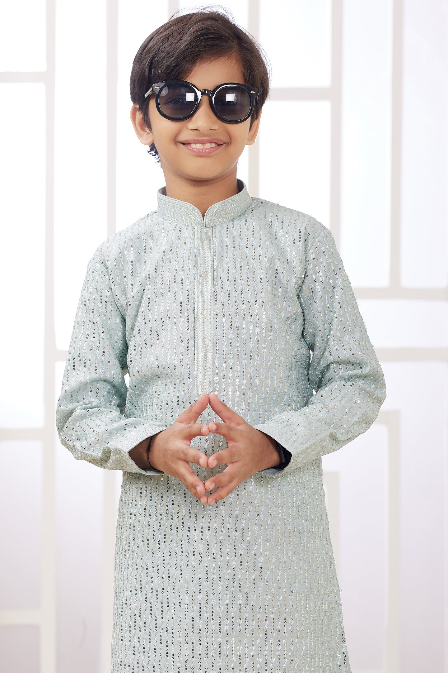 Sky Blue Art Silk Father Son Matching Combo Indo Western Traditional Sherwani Long Kurta & Pajama Suit for Wedding - Embroidery Work