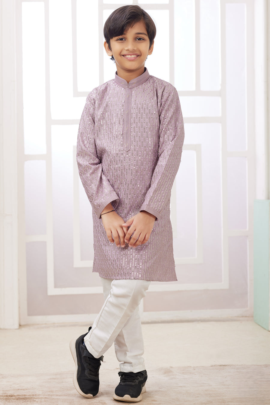 Purple Art Silk Father Son Matching Combo Indo Western Traditional Sherwani Long Kurta & Pajama Suit for Wedding - Embroidery Work