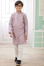 Purple Art Silk 2 Piece Kids Wear Boys Suit Long Kurta Pajama for Kids for Festivals & Wedding - Embroidery Work