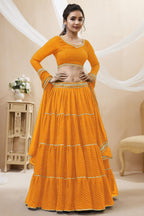 Orange Georgette Leriya Print Lehenga Choli For Indian & Pakistani Wedding Festival - Print Work